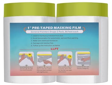 LLPT Tape and Drape Pre-Taped Masking Film | 2-Pack | Versatile Painter's Plastic Drop Cloth for Auto Wall Painting and Spraying Protection (MFTG620) | Green Washi Paper | 65cm(Unfolded) x 20m