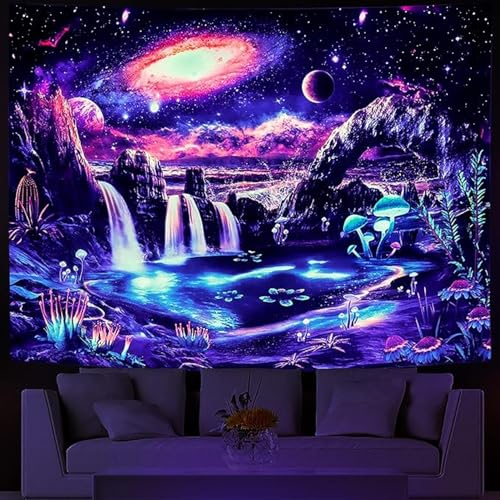 Ulticool – UFO Wasserfall Natur - Glow in the Dark Wandteppich - Schwarzlicht under UV Reaktive Bright Black Neon Light - Blacklight Psychedelisch im Dunkeln Leuchtende Wandtuch - 200 x 150 cm