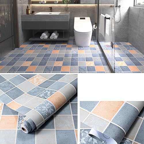 PVC Bodenbelag Selbstklebende 2m², Bodenaufkleber,Wasserfeste Bodenaufkleber,Rutschfeste Bodenaufkleber für Eingangstür,Wohnzimmer,Küche,0.4 * 5m,Mehrere Muster (Kariert, Blau)