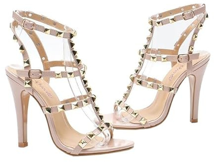 Gizelle® Womens High Heel Sandals Studded Rivet Buckle Ankle Strappy Stiletto Shoes – Ladies Open Toe Office Party Heeled Sandal Size UK 3-8