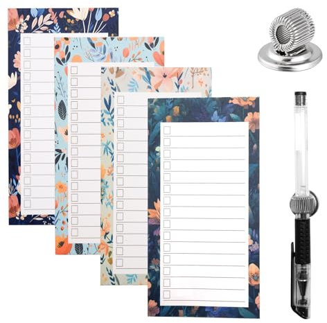 Pumuky Bloc de notas magnético de 4 unidades,para lista de comestibles para frigorífico,hojas desmontables 9 x 15 cm,bloc de notas magnético,lista de cosas para hacer magnéticas con bolígrafo,BXT-4