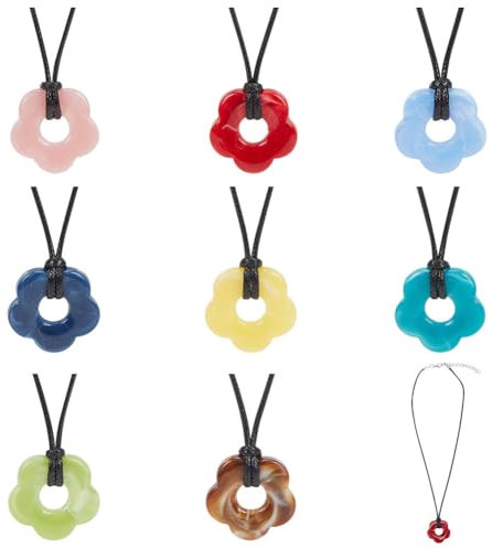 WEBEEDY 8 Couleur Acrylique Fleur Pendentif Colliers avec Pendentif en Forme de Fleur Cordon de Cire Noir Collier Ras du Cou avec Pendentif en Pierre de Cristal Accessoires Esthétiques Mignons