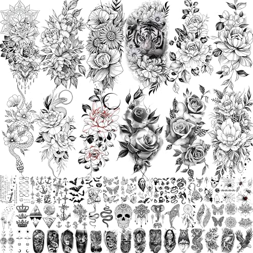 IORIKYO 61 Blatt 3D Realistisch Blumen Temporäre Tattoos Damen Frauen Klebetattoos Erwachsene, Schlangen Mond Blume Fake Tattoo Aufkleber Mädchen, Festival Tattoos Zum Aufkleben Haut Tiger Rosen