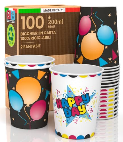 100 Bicchieri in Carta 200ml Ecologici Biodegradabili Monouso Made in Italy Asporto Bevande Calde Acqua MIX Fantasie HAPPYDAY/BLACKPARTY - Prodotto e Confezionato in Italia