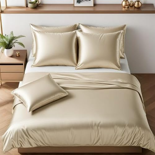 Cozyor Satin Bettwäsche 155x220 extra dick und weich mit robustem Reißverschluss 2X Kissenbezug 80x80 cm, edles Satin 3-teilig, beige Driftwood