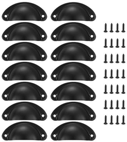 sourcing map 14pcs Vintage Drawer Handle Metal Cup Drawer Pulls Knobs with Screws for Kitchen Cupboards Furniture Wardrobe, Black