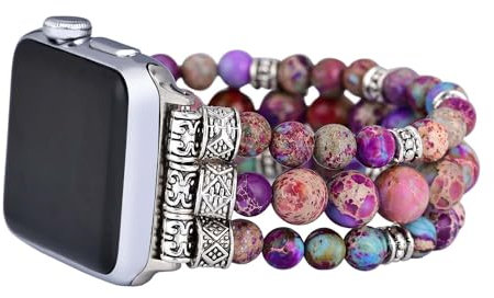 Somesmae Boho Beaded Bracelets Watch Bands for Women Compatible with Apple Watch Band 38mm 40mm 41mm 42mm(S10) Purple Emperor Stone Handmade Elastic Stretch Strap for iWatch Series 10 9 8 7 6 5 4 3 SE