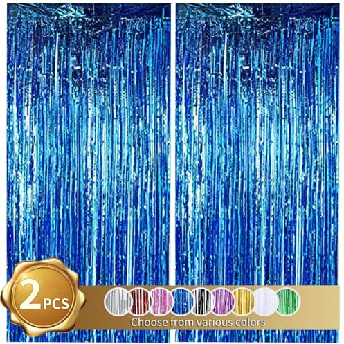 RIBBOOO 2-Pack Blau Lametta Vorhang Glitter Metallic Tinsel Vorhang für Party, Abschlussfeier, Foto Hintergrund, Folie Streamer, Geburtstagsdeko,Dekoration für Disco, Weihnachtsfeier (1x2 Meter)