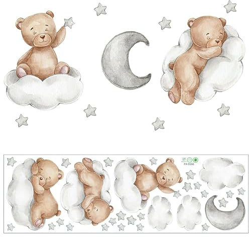 Adesivi Murali Bambini, Orsi Nuvole Luna e Stelle Wall Sticker Adesivo da Parete per Cameretta dei Bambini Adesivi Murali Animali per Babyroom Cameretta dei Bambini Asilo Nido Decorazione Muro (Set A)