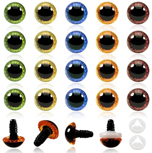 TOAOB 20 Stück Sicherheitsaugen für Häkeltiere Puppenaugen Glitzer 15mm Kunststoff Basteln Augen 5 Farben Knopfaugen mit Unterlegscheiben Puppe Marionette Plüschtier