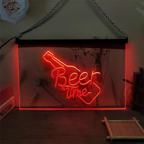 REWIS Letrero LED de neón Beer Time, Luces de neón para Fiesta de Cerveza, decoración Luminosa para Colgar en la Pared, alimentada por USB con atenuador,Rojo,60x40cm