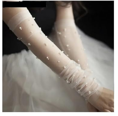 NihaoWXM Brauthandschuhe aus Schiere Tüll, DIY, Lange Hochzeitshandschuhe for die Braut, Perlendekoration, Fingerlose Brautpartyhandschuhe Hochzeitshandschuhe(Ivory Fingerless)