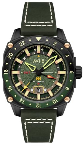 AVI-8 Hawker Hunter Atlas GMT Automatikuhr für Herren, 44 mm, mit Lederband, AV-4122, Amazon Green, Armband, Uhr, Uhren