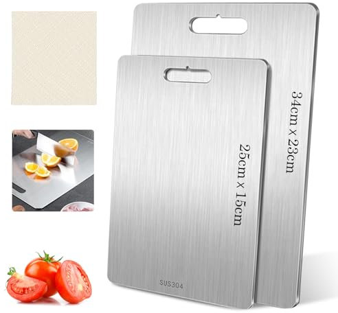 Tagliere in Acciaio Inox, 2 Pezzi Tagliere In Acciaio Inossidabile, Tagliere in Acciaio Inox Alimentare con Cuscinetto in Silicone Antiscivolo, Tagliere da Cucina per carne, frutta