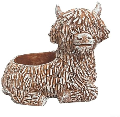 Encantador ganado de las tierras altas en maceta decoración divertida escultura de resina para uso interior y exterior