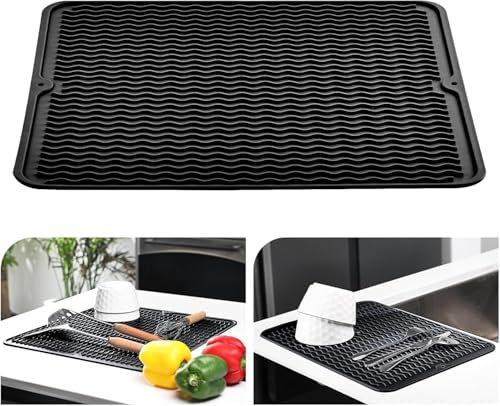 KitchenRaku Abtropfmatte aus Silikon, Abtropfmatte Geschirr (Schwarz, 40x60cm)