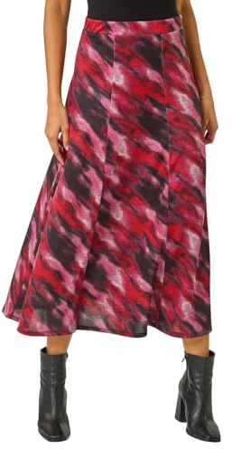 Roman Jersey Skirt for Women UK - Ladies Midi Maxi Floral Animal Print Summer Spring Holiday Swing Smart Casual Work Cocktail Party Going Out Holiday Cruise - Red Noir - Size 14