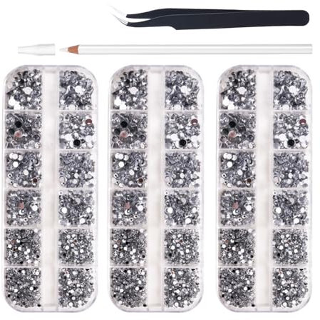 7000PCS Rhinestones in 3 Sizes White Mixed Nail Gems, Bedazzling Kit with Tweezers and Pen for DIY, Shoes, Bags, Nails, Clothes and Crafts (2mm 3mm 4mm)