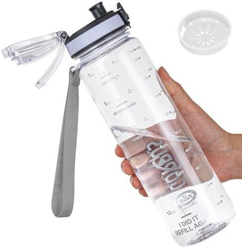 GOPPUS 1000ML/32OZ Tritan Water Bottle 1 Litre Leakproof Drink Bottle with Measurements Sport Bottles with Lockable Flip Top Motivational Bottles with Time Marks for School Adults Cycling Men Women