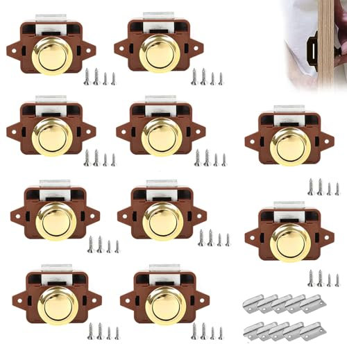 TOOSOAR 10 Stück Push Button Catch Door Lock,Door Lock Verriegelung 14-16mm Möbelschloss,Keyless Wohnmobil Verriegelung für Wohnmobile, Yachten, Boote, RV Camping Schrank, Wohnwagen(bräunlich-gold)