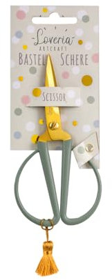 Loveria Bastelschere Salbei Gold | Rostfrei, für Papier, Stoff & Garn | 14,5cm lang | Farbige Quaste | Retro Vintage Schere für Erwachsene & Kinder