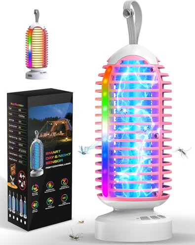 Dnenellr Insektenvernichter, Outdoor Mückenlampe 3-in-1 wiederaufladbar mit 4000mAh Batterie, IPX5 wasserdicht, UV-Licht Mückenfalle für Indoor, Home, Backyard, Patio, Garden, Camping, Weiß Rosa