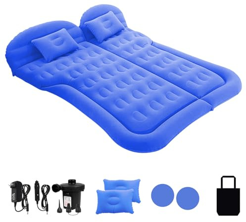 ISWEES Car Bed SUV Air Mattress, Car Air Mattress with Home Power Adapter, Electric Pump, 2 Inflatable Pillows and 2 Footrests for Back Seat, Side Seat,Trunk Sleeping, Thickened Camping Bed - Blue