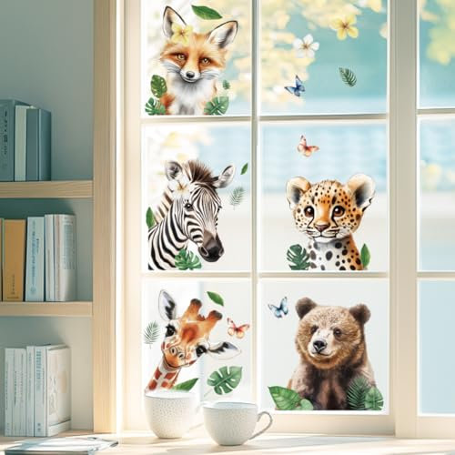 ANATTASOUL Fensterbilder Doppelseitig Giraffe und Braunbär Fensterdeko Wiederverwendbar Fenstersticker Selbstklebend Fenster Aufkleber Deko Frühling Sommer für Glas Kinderzimmer Badezimmer