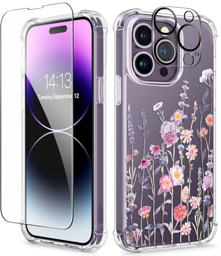 GVIEWIN Compatible with iPhone 14 Pro Case Floral, with Screen Protector+Camera Lens Protector,[Non Yellowing] Slim Shockproof Clear Phone Protective Cover for Women Flower 6.1(Floratopia/Colorful)
