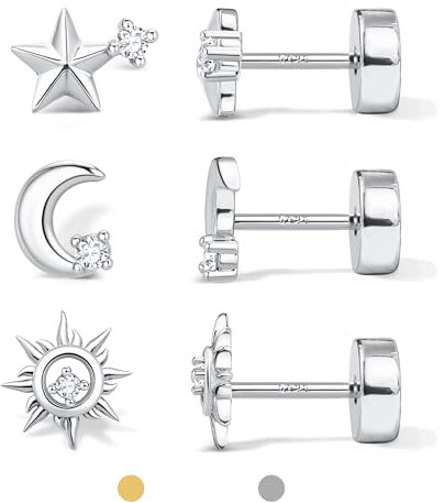 Dochais 3 Paires Boucles d'Oreilles Argent 925 pour Femme Homme Hypoallergénique Boucles d'Oreilles Or 14 Carats Petites Boucle d'Oreille Lune Étoile Soleil Cartilage Helix Conch Piercing Argent