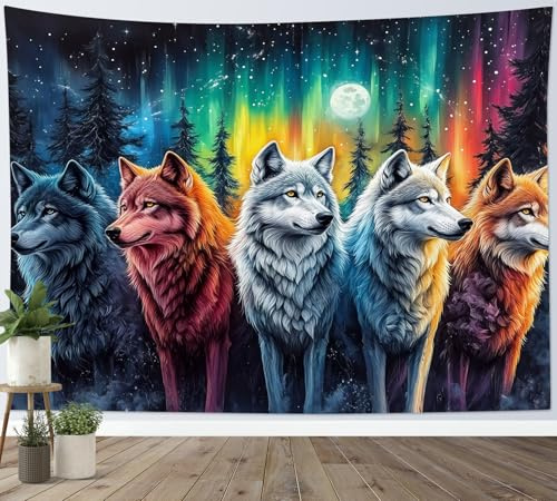 LB Wandteppich Wolf Wandtuch Bäume im Wald Wandbehang Wildes Tier Bunte Galaxie Tapisserie für Wohnzimmer Schlafzimmer Wohnheim Wanddeko,150x130cm