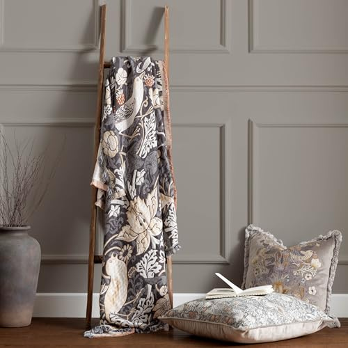 Morris & Co. Strawberry Thief Throw – Embroidered Bird & Floral Jacquard Blanket (Biscuit - 130x170cm)