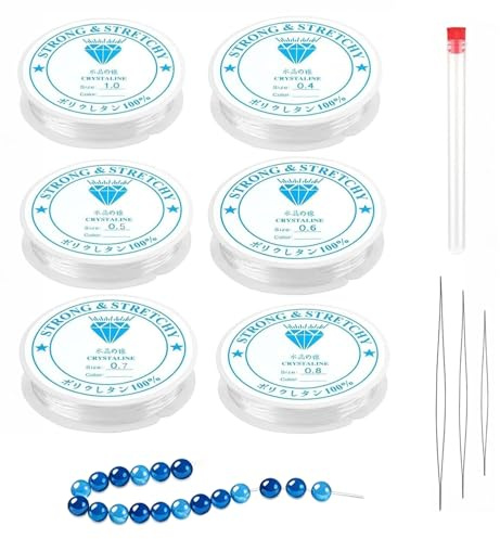 6 Spule Gummiband für Armbänder,0.4mm 0.5mm 0.6mm 0.7mm 0.8mm 1.0mm Elastisches Armband mit Perlennadel,Transparent Schmuckfaden für DIY-Schmuck, Armband-Herstellung und -Design