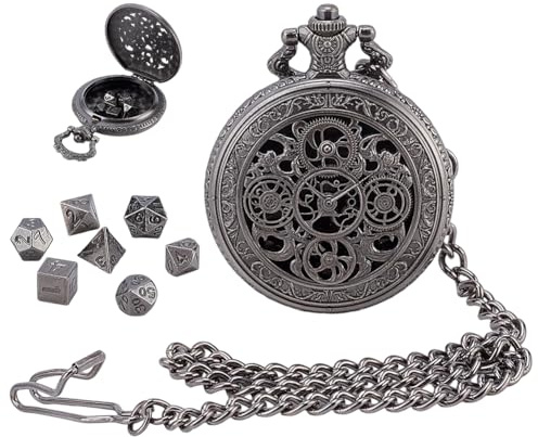 PH PandaHall DND Würfel Set, Hohles Zahnrad Uhrengehäuse 7 Stück Mini-Metallwürfel mit Taschenuhrkette für Dungeons and Dragons, Rollenspiele und Brettspiele-Zubehör, Geschenk, Gunmetal