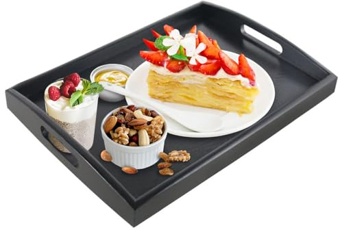 Bandeja de madera con asas, bandeja de té rectangular grande para desayuno, aperitivos, cenas, almacenamiento decorativo para el hogar, plato, encimera de cocina, baño, restaurante (negro, 39 x 25 x 4