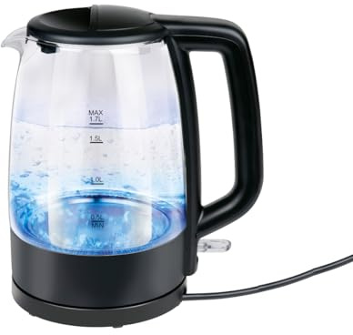 Alpina Wasserkocher 1,7 Liter, Glas, Transparent/Schwarz, 2200W, Kabellos mit 360° Sockel, Automatische Abschaltung