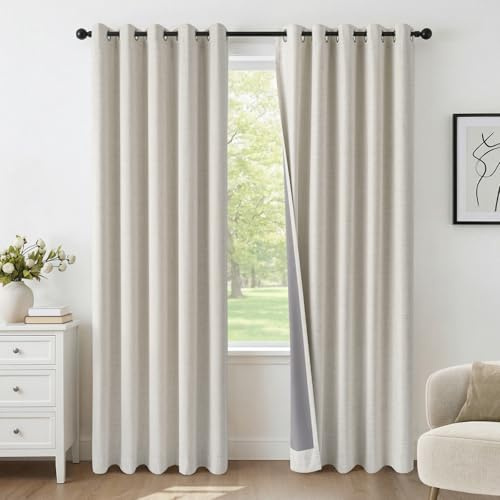 INOVADAY 100% Verdunklungsvorhänge 2 Stück Hellbeige, H245xB140 cm | Gardinen mit Ösen Wohnzimmer, Vorhang Blickdicht Leinenoptik, Thermovorhang für Schlafzimmer, Geräuschreduzierend, OEKO
