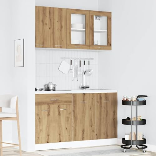 Massbinet 4-TLG. Küchenschrank-Set Moderne Küchenzeile ohne Elektrogeräte Geräumige Einbauküche mit viel Stauraum Küchenblock variabel stellbar Lyon Artisan-Eiche Holzwerkstoff