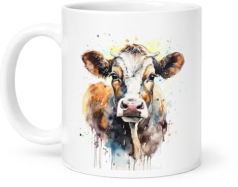 Spomo Cow Portrait Watercolor Style Artistic Design with Vibrant Splashes and Detailed Brush Strokes Ceramic Mug Suitable for Animal Lovers Gift