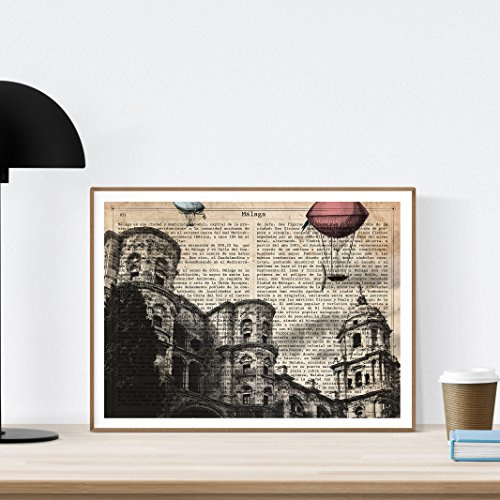 Nacnic Vintage Poster von Malaga. Illustration, Foto und Collage mit der Geschichte der spanischen Städte. Größe A4 Papier bedruckt 250 Gramm.