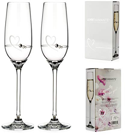 DIAMANTE Petit Valentine Heart Flute Pairs Etched Design Embellished with Swarovski Crystals - Set of 2 in giftbox