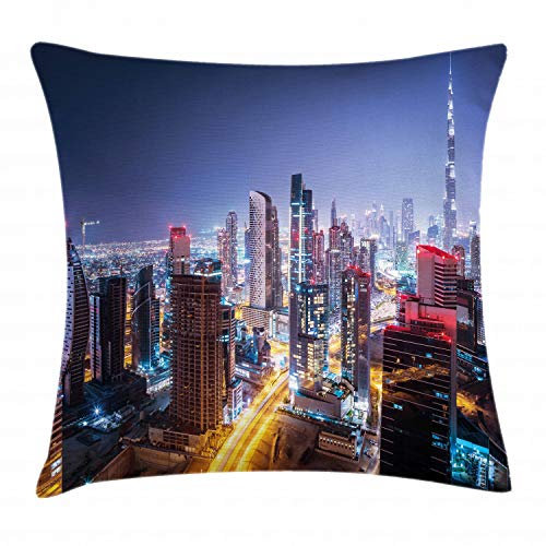 ABAKUHAUS Stadt Kissenbezug, Nacht Dubai Tourist, Dekorative Kopfkissenhülle mit Beidseitigem Druck Reißverschluß Waschbar, 40 x 40 cm, Nachtblau