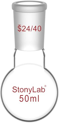 StonyLab Glass 50ml Short Neck Round Bottom Flask, Borosilicate Glass Single Neck Heavy Wall Flask RBF with 24/40 Standard Taper Outer Joint, 50ml