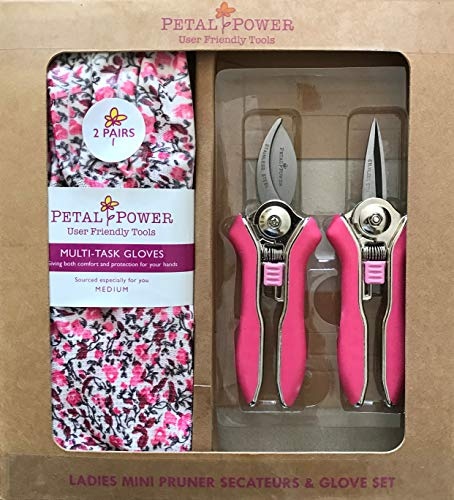 Ladies Mini Pruner Secateurs & Gardening Gloves (2 Pairs) Set - Bypass & Snipper Pruners – Lightweight Gloves - Best Garden Gift for Women (Medium, Pink/Candy Pink Floral)
