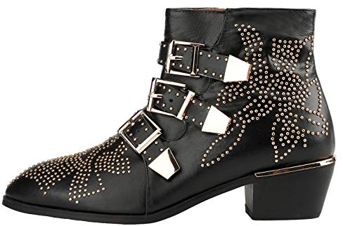 Arqa Women's Studded Ankle Boots Leather Multiple Buckle Chunky Heel Booties Almond Toe Zipper Punk Boot
