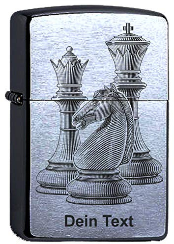 elbedruck Zippo Benzinfeuerzeug Schach Schachfiguren Lasergravur mit Wunschtext personalisiert Schachfigur Dame König und Pferd Wunschtext Personalisieren Sturmfeuerzeug