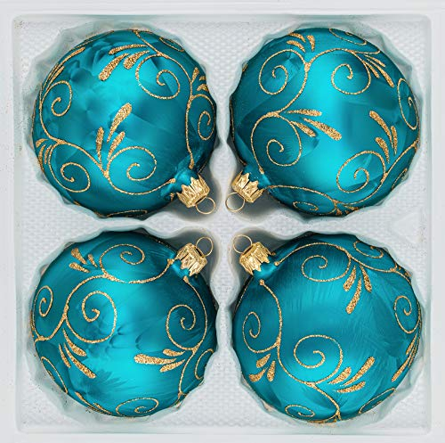 4 TLG. Glas-Weihnachtskugeln Set 8cm Ø in 'Ice Petrol-Türkis Goldene Ornamente'- Christbaumkugeln - Weihnachtsschmuck-Christbaumschmuck 8cm Durchmesser