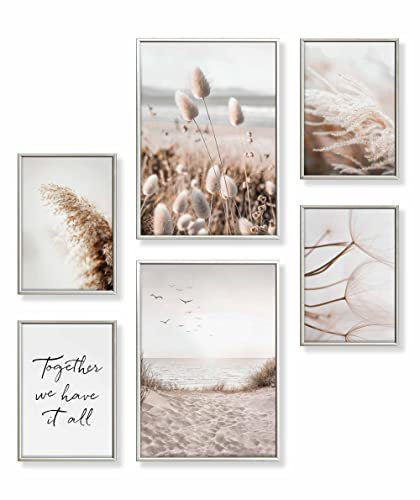 Heimlich® Premium Poster Set mit Bilderrahmen Aluminium Silber | 2 x DIN A3 & 4 x DIN A4 - ca. 30x42 & 21x30 | Stilvolle Poster Collagen mit passenden Bilder als Wanddeko » Achtsam Beige Strand «