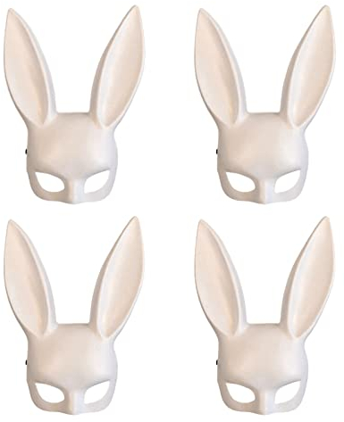 QSDGFH 4 Stück weiße Hasenmaske, Kaninchen-Maske, Tier-Halbgesichtsmaske, Kostüm-Zubehör für Halloween, Oster-Party, Damen Maskerade Geburtstag