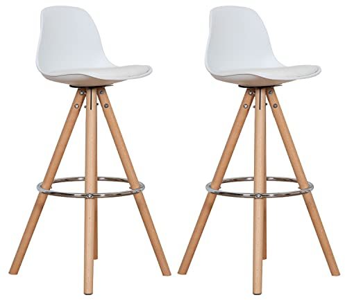 Happy Garden Lot de 2 tabourets scandinaves Tobias Blancs avec Coussin. Tabouret de Bar avec Dossier et Repose-Pieds. Chaise de Cuisine Style scandinaves avec Pied en Bois de hêtre Massif.